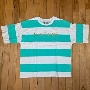 Migos Striped Shirt White Turqoise Blue Culture Embroidered Tee‎ Size L